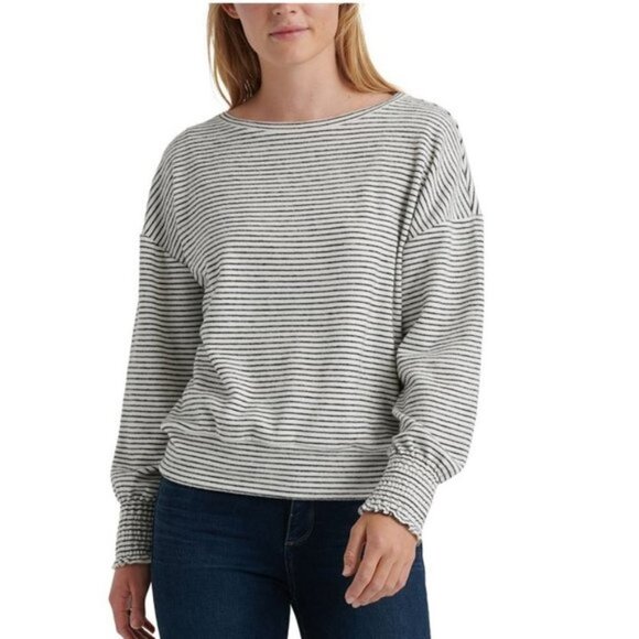 Lucky Brand Stripe Cloud Jersey Smocked Cuff Pullover - Picture 1 of 8